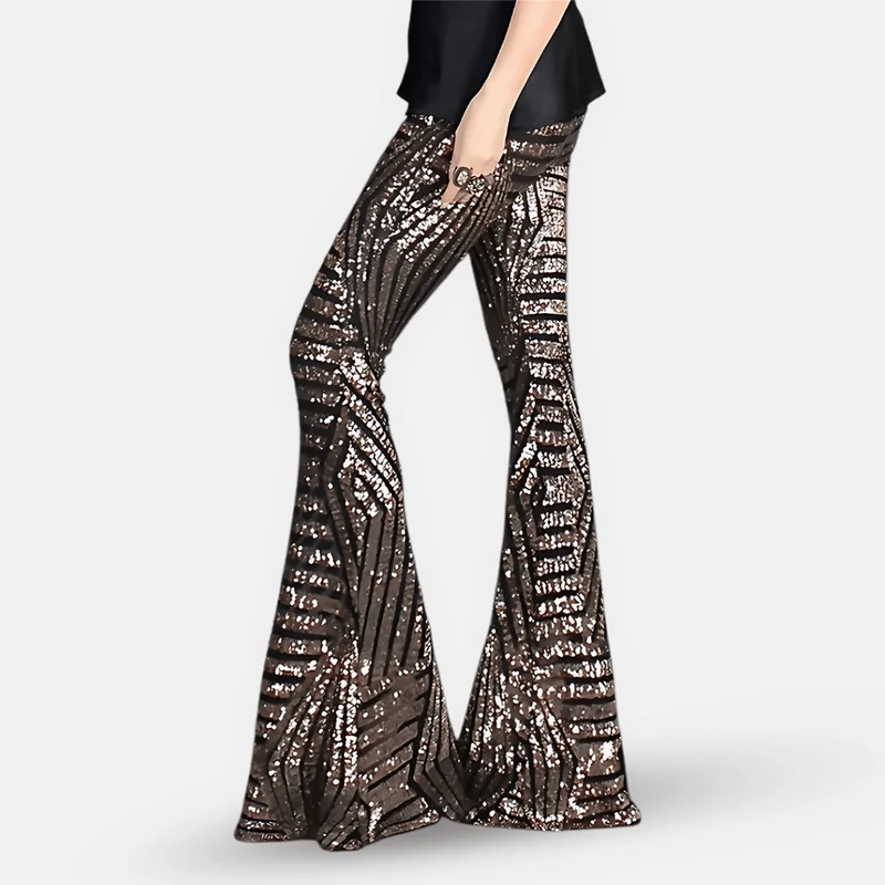 Pantalon évasé à sequins taille haute pour femme – Pantalon glamour et élégant