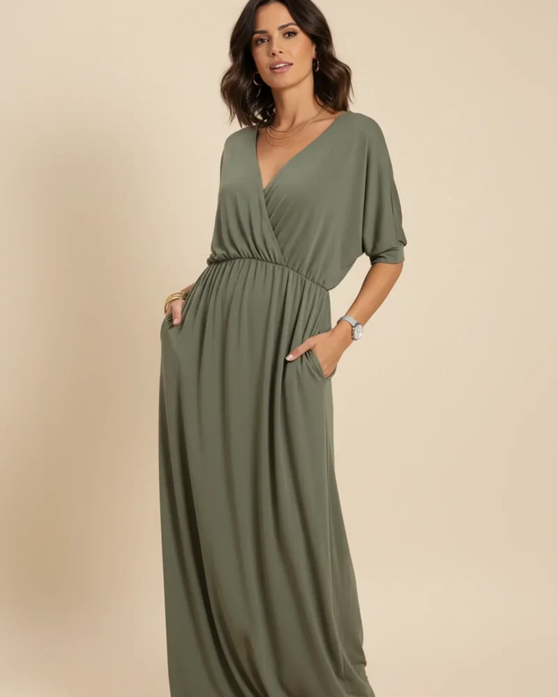 Robe Maxi Femme Col V – Poches et Fente Latérale Style Décontracté Été