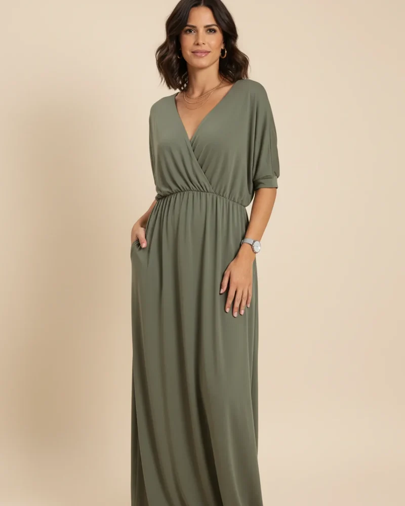 Robe Maxi Femme Col V – Poches et Fente Latérale Style Décontracté Été
