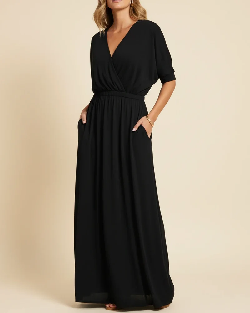 Robe Maxi Femme Col V – Poches et Fente Latérale Style Décontracté Été