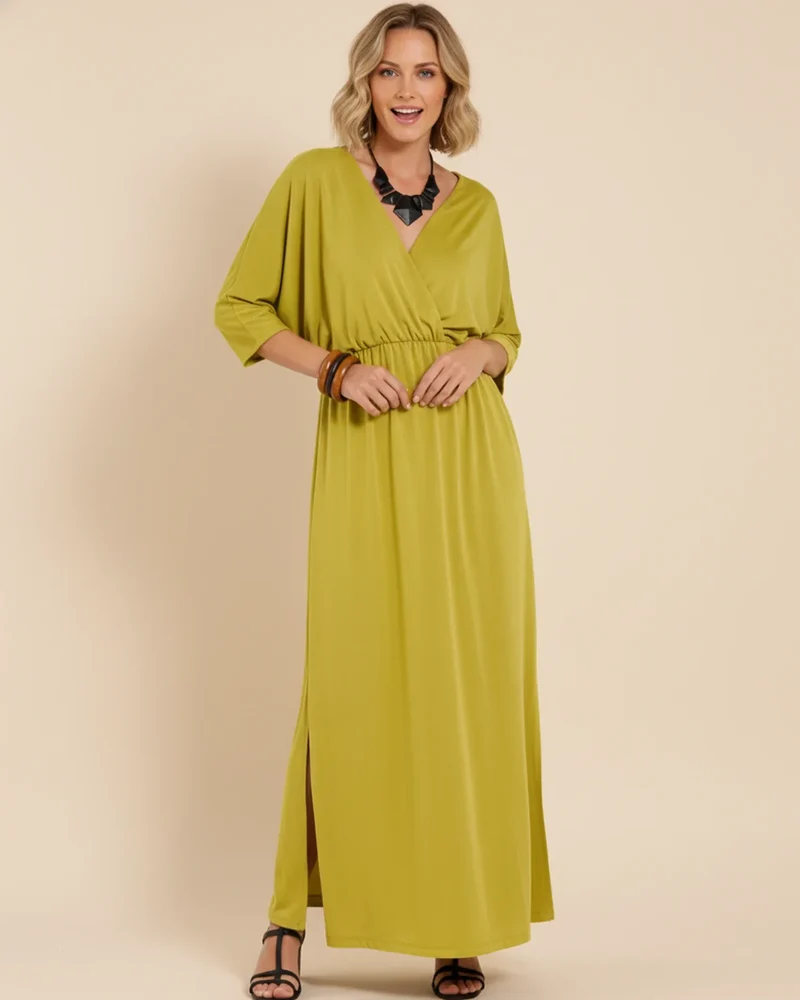 Robe Maxi Femme Col V – Poches et Fente Latérale Style Décontracté Été
