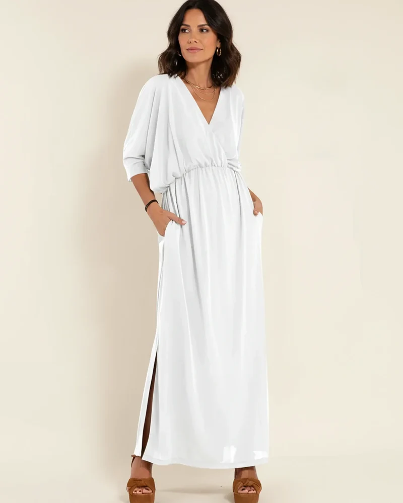 Robe Maxi Femme Col V – Poches et Fente Latérale Style Décontracté Été