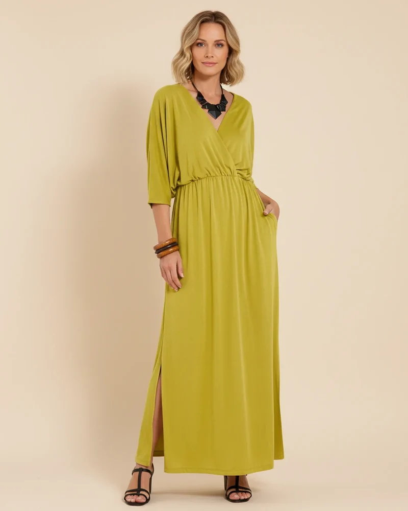 Robe Maxi Femme Col V – Poches et Fente Latérale Style Décontracté Été