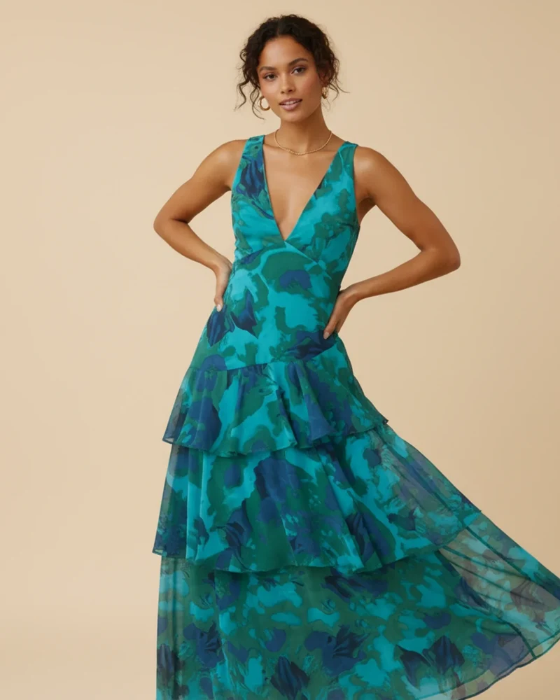 Robe Maxi Femme Sans Manches à Fleurs – Style Estival Élégant à Volants