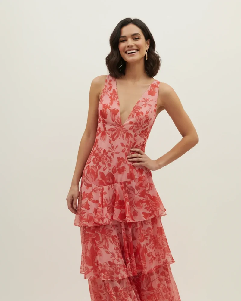 Robe Maxi Femme Sans Manches à Fleurs – Style Estival Élégant à Volants