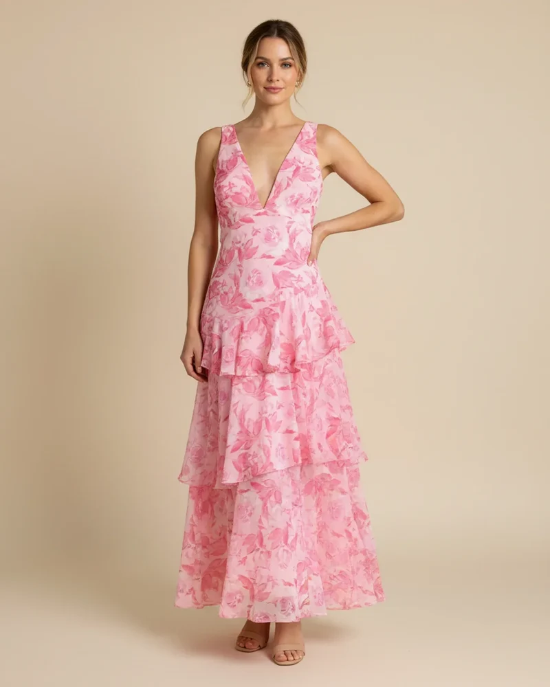Robe Maxi Femme Sans Manches à Fleurs – Style Estival Élégant à Volants
