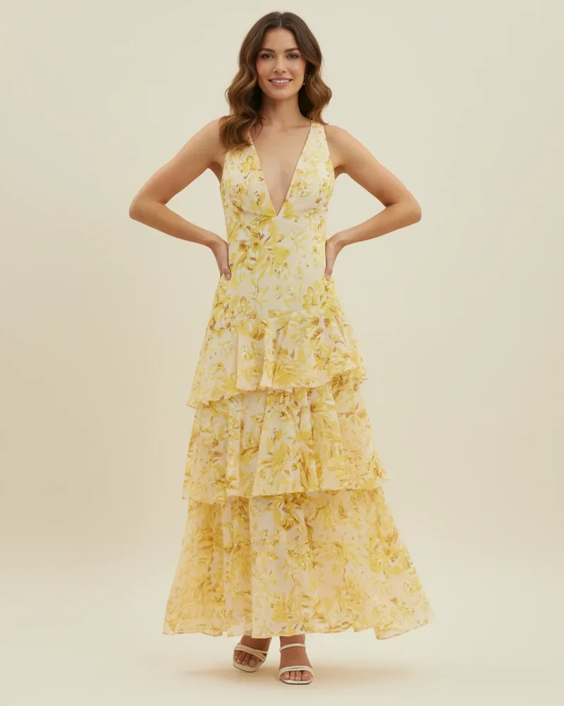 Robe Maxi Femme Sans Manches à Fleurs – Style Estival Élégant à Volants