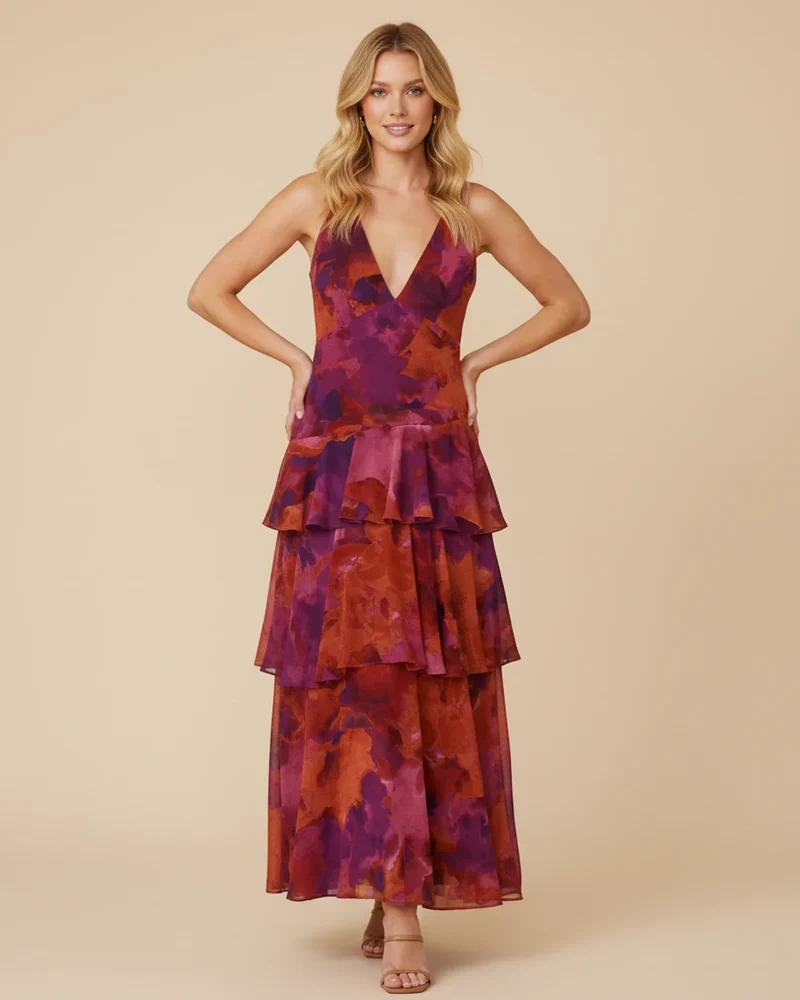 Robe Maxi Femme Sans Manches à Fleurs – Style Estival Élégant à Volants