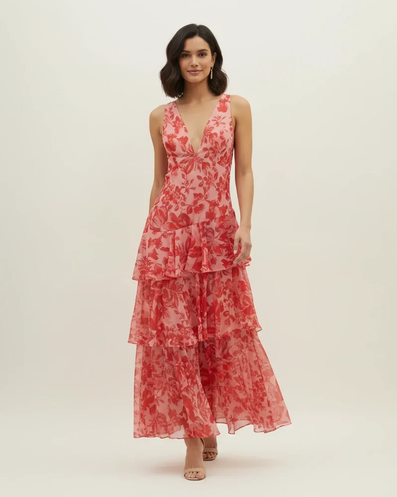 Robe Maxi Femme Sans Manches à Fleurs – Style Estival Élégant à Volants