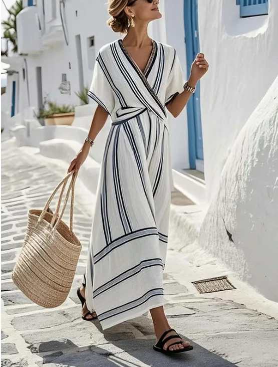 Robe d'été à rayures abstraites pour femme – Col en V, manches courtes, coupe trapèze évasée