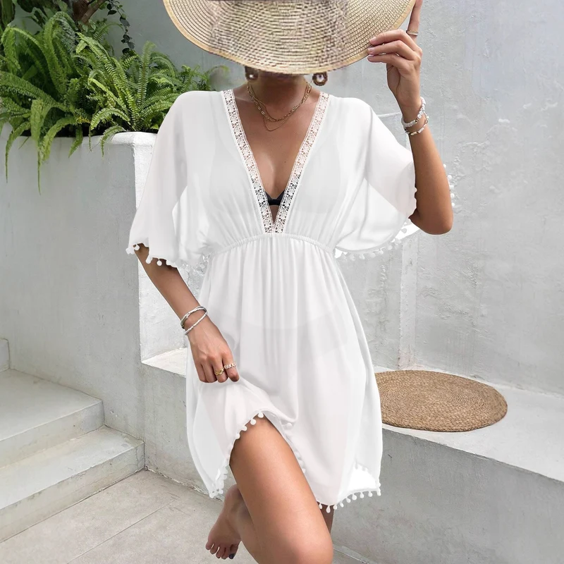 Robe Femme Style Plage avec Patchwork en Dentelle – Cache-Maillot à Col V et Taille Cintrée