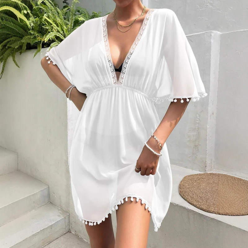 Robe Femme Style Plage avec Patchwork en Dentelle – Cache-Maillot à Col V et Taille Cintrée
