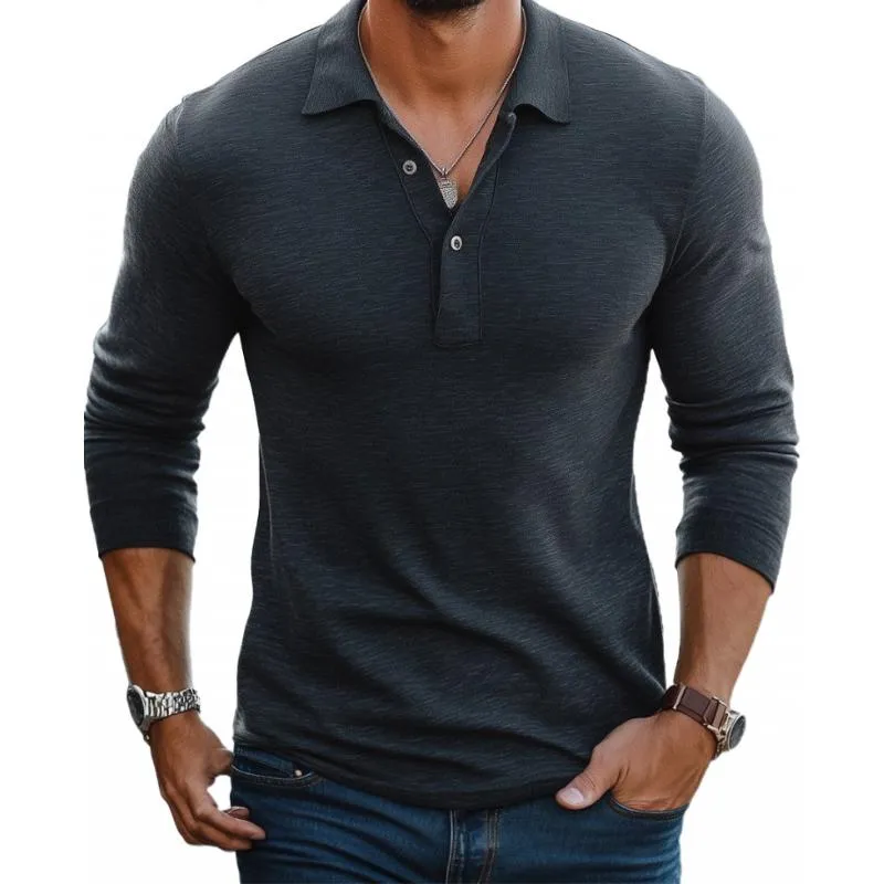 Polo Homme Décontracté en Mélange de Coton – Manches Longues Slim avec Col à Revers