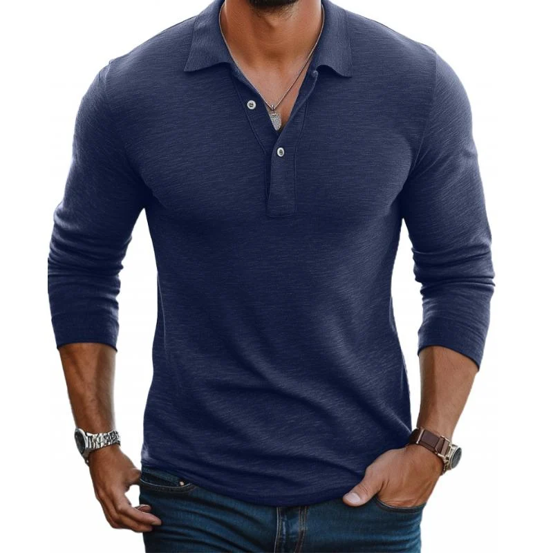 Polo Homme Décontracté en Mélange de Coton – Manches Longues Slim avec Col à Revers