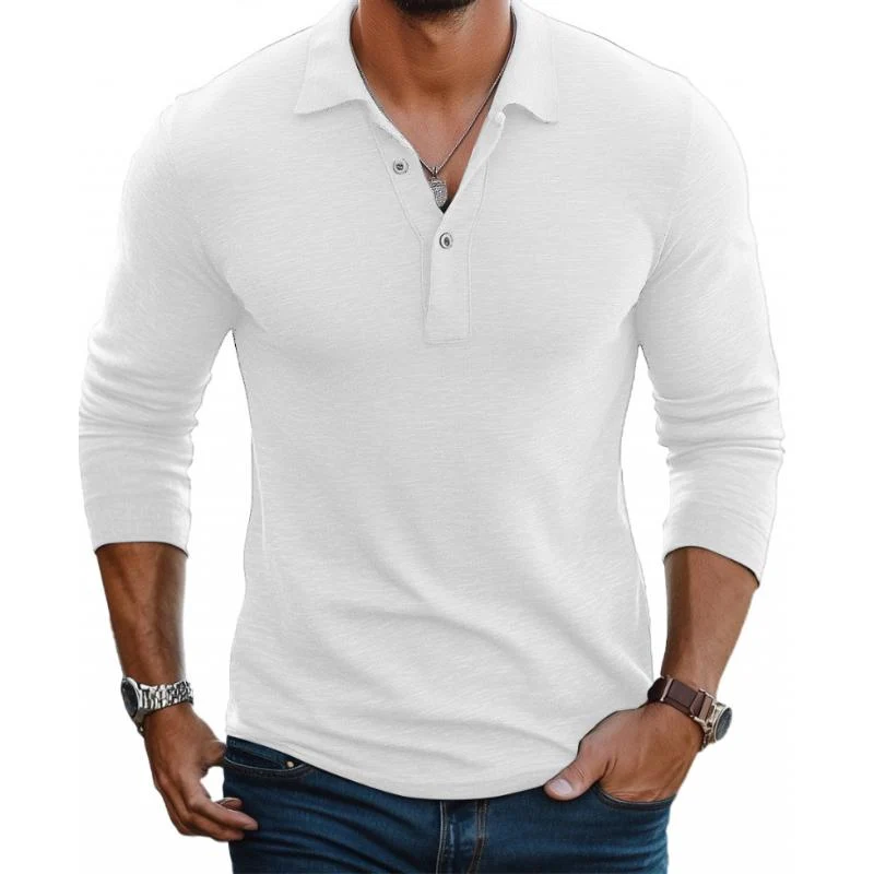 Polo Homme Décontracté en Mélange de Coton – Manches Longues Slim avec Col à Revers