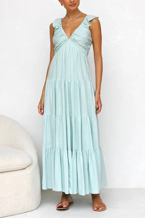 Robe Maxi en Lin Margovil – Col V avec Volants et Jupe à Niveaux Sans Manches