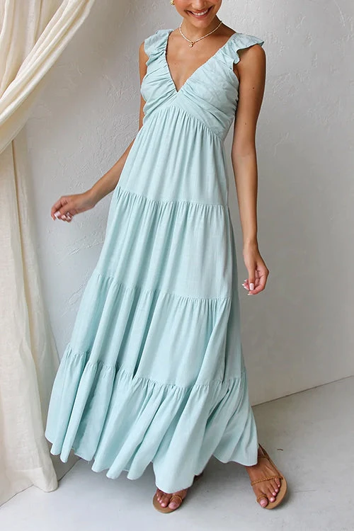 Robe Maxi en Lin Margovil – Col V avec Volants et Jupe à Niveaux Sans Manches