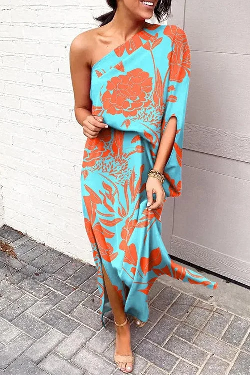 Robe Imprimée Margovil – Une Épaule avec Fente Latérale – Style Casual