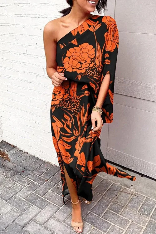 Robe Imprimée Margovil – Une Épaule avec Fente Latérale – Style Casual