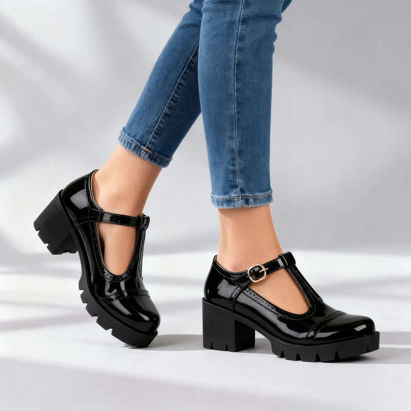 Mocassins Brogue T-Strap Vernis Daisy – Talon Bloc d’Inspiration Vintage