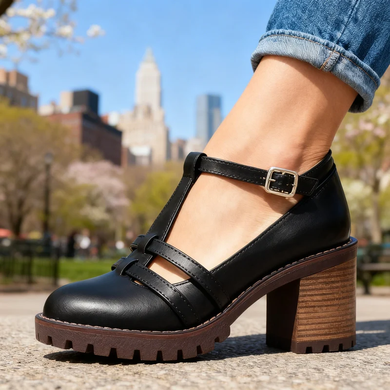 Mocassins T-Strap Rétro – Talon Bloc avec Boucle de Cheville Ajustable