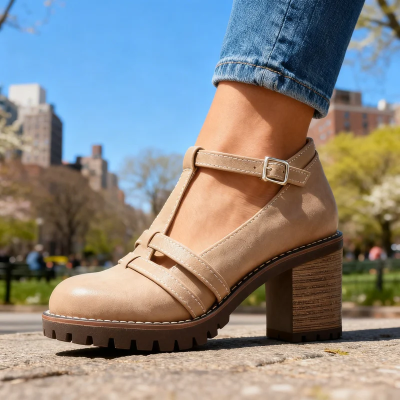 Mocassins T-Strap Rétro – Talon Bloc avec Boucle de Cheville Ajustable