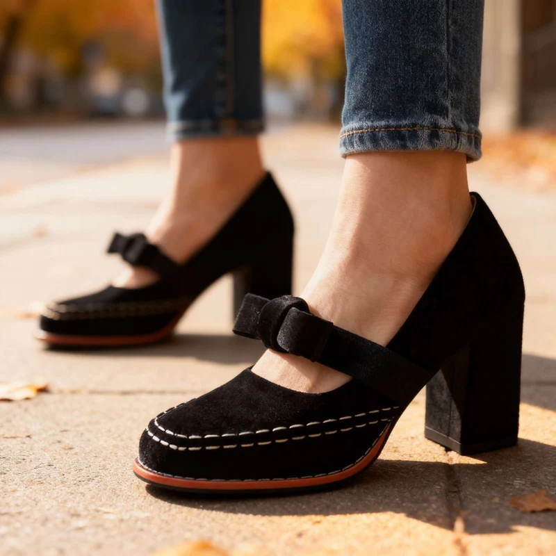 Mocassins à talon bloc en velours – Chaussures élégantes et confortables