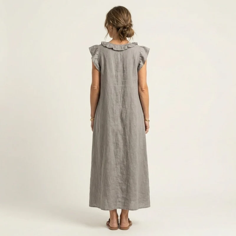 Janine | Robe Maxi en Lin à Col V Volanté