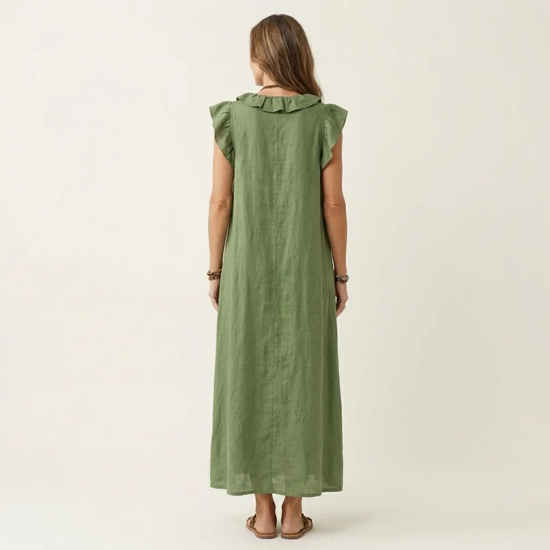 Janine | Robe Maxi en Lin à Col V Volanté