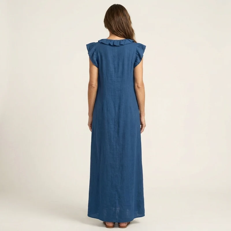 Janine | Robe Maxi en Lin à Col V Volanté
