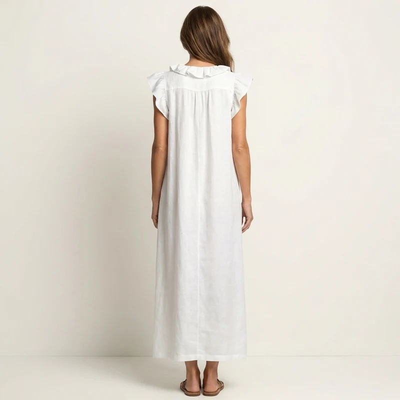 Janine | Robe Maxi en Lin à Col V Volanté