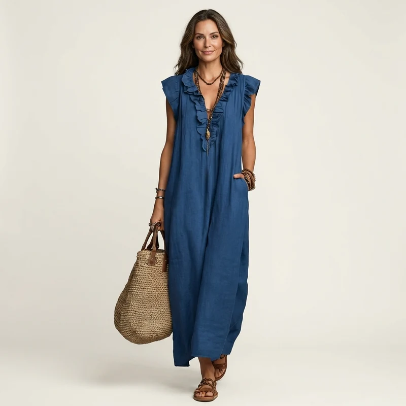 Janine | Robe Maxi en Lin à Col V Volanté