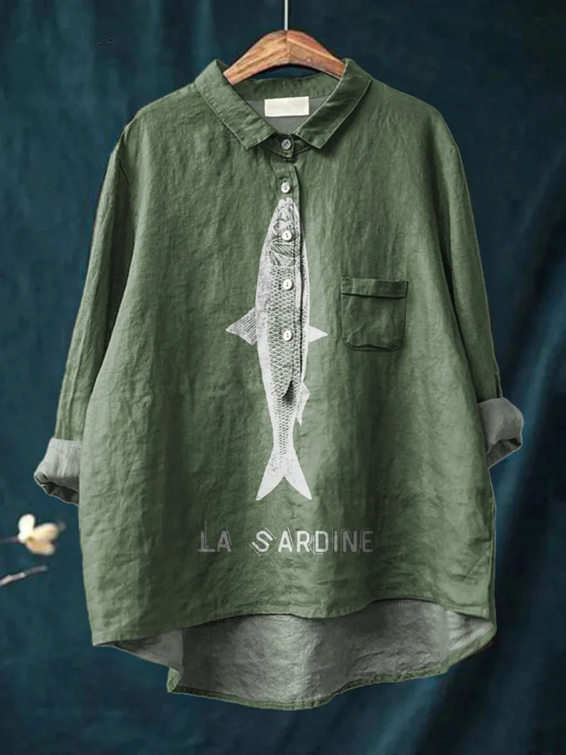 Faye | Chemise décontractée imprimée graphique de poisson sardine pour femmes