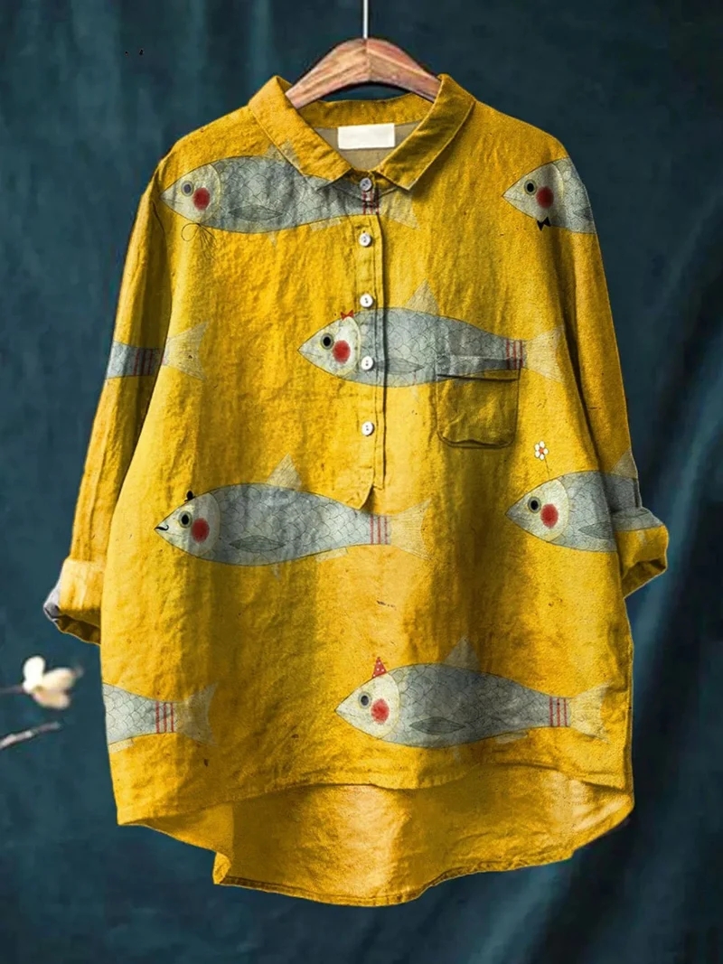 Felicity | Chemise décontractée en art vintage de poisson pour femmes