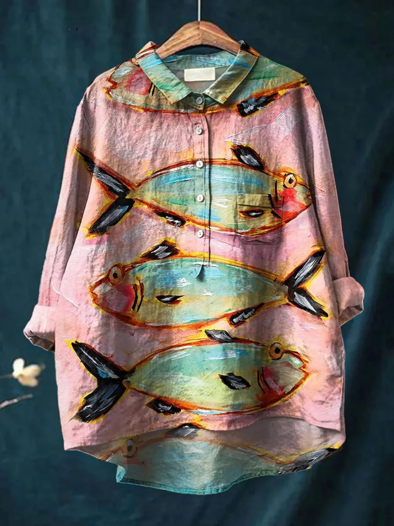 Blythe | Chemise décontractée vintage en impression poisson pour femmes