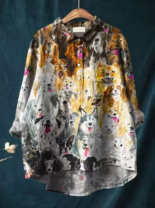 Remy | Impression de Portrait de Chien Artistique Blouse Casual Femme
