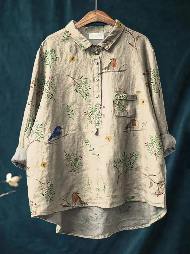 Lorelai | Chemise Décontractée Imprimée à Motifs de Branches et d'Oiseaux Rouges