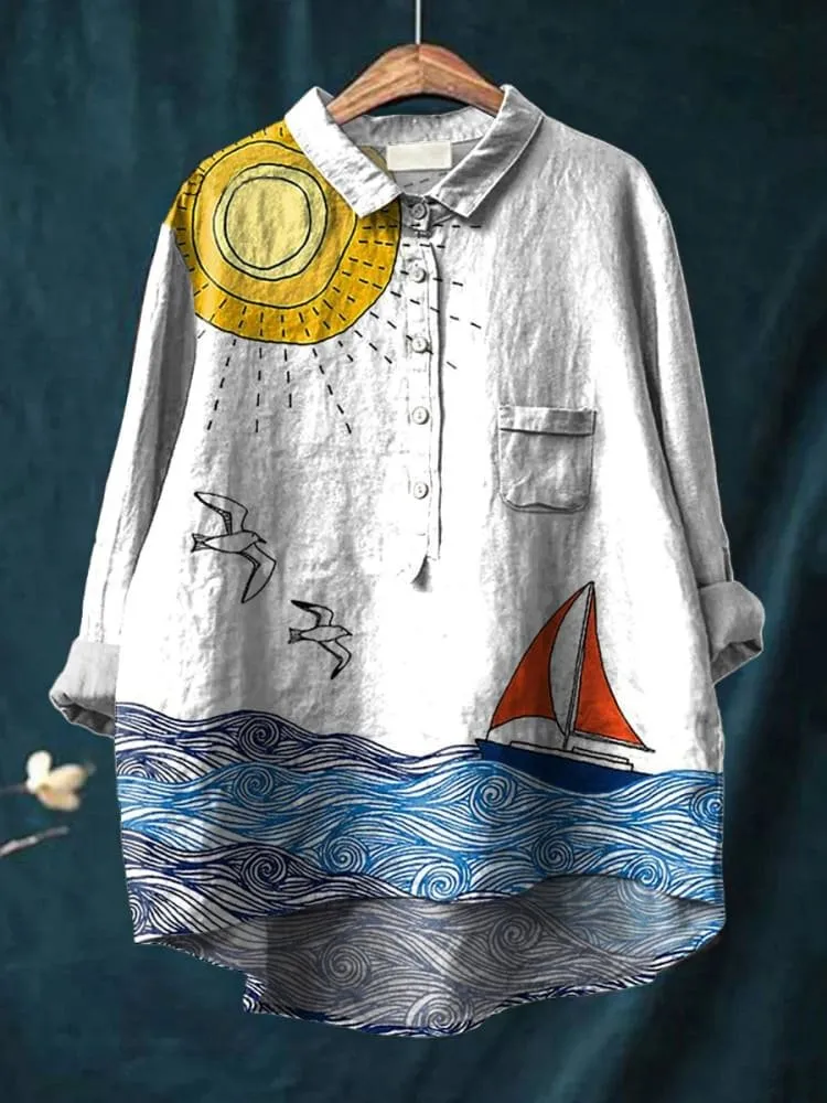 Marine | Chemise décontractée imprimée vagues côtières pour femmes