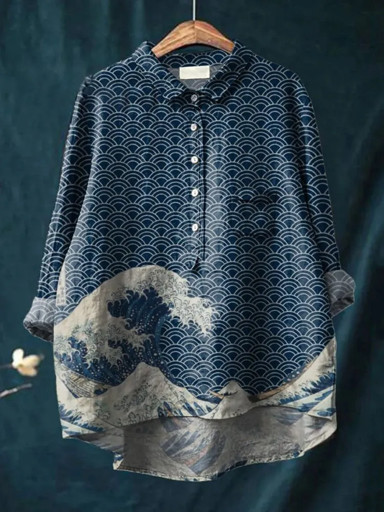 Delphine | Chemise décontractée imprimée vagues des profondeurs marines pour femmes