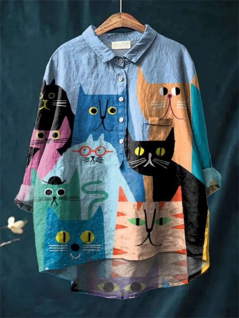 Elara | Imprimé artistique de chat et chien - Blouse décontractée pour femmes