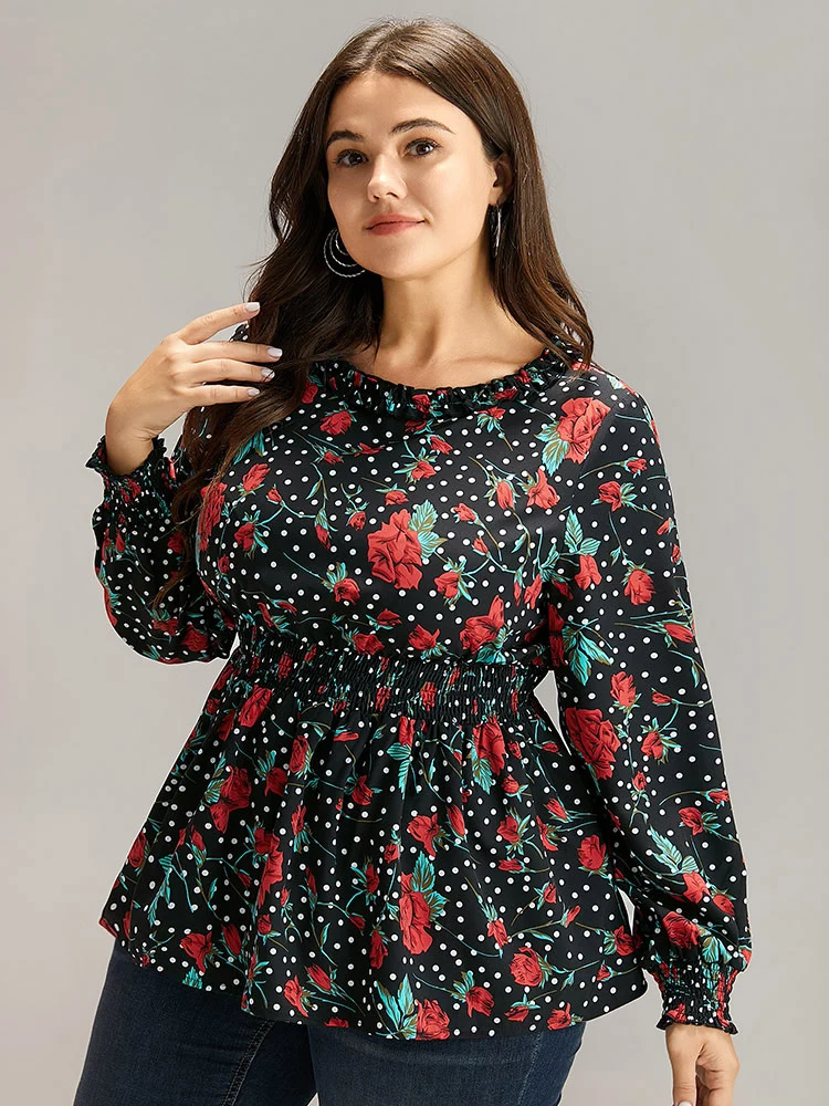 Rose Print Shirred Frill Trim Lantern Sleeve Blouse