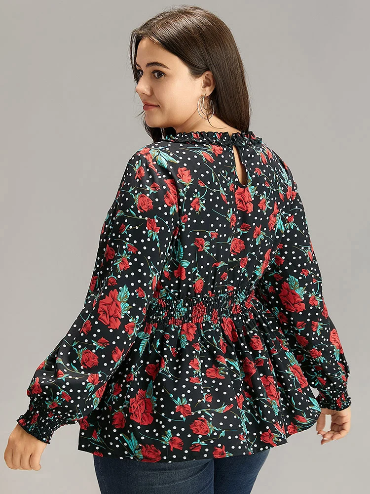 Rose Print Shirred Frill Trim Lantern Sleeve Blouse