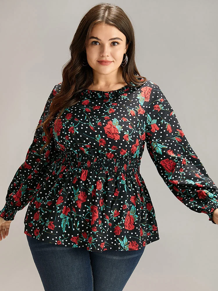 Rose Print Shirred Frill Trim Lantern Sleeve Blouse