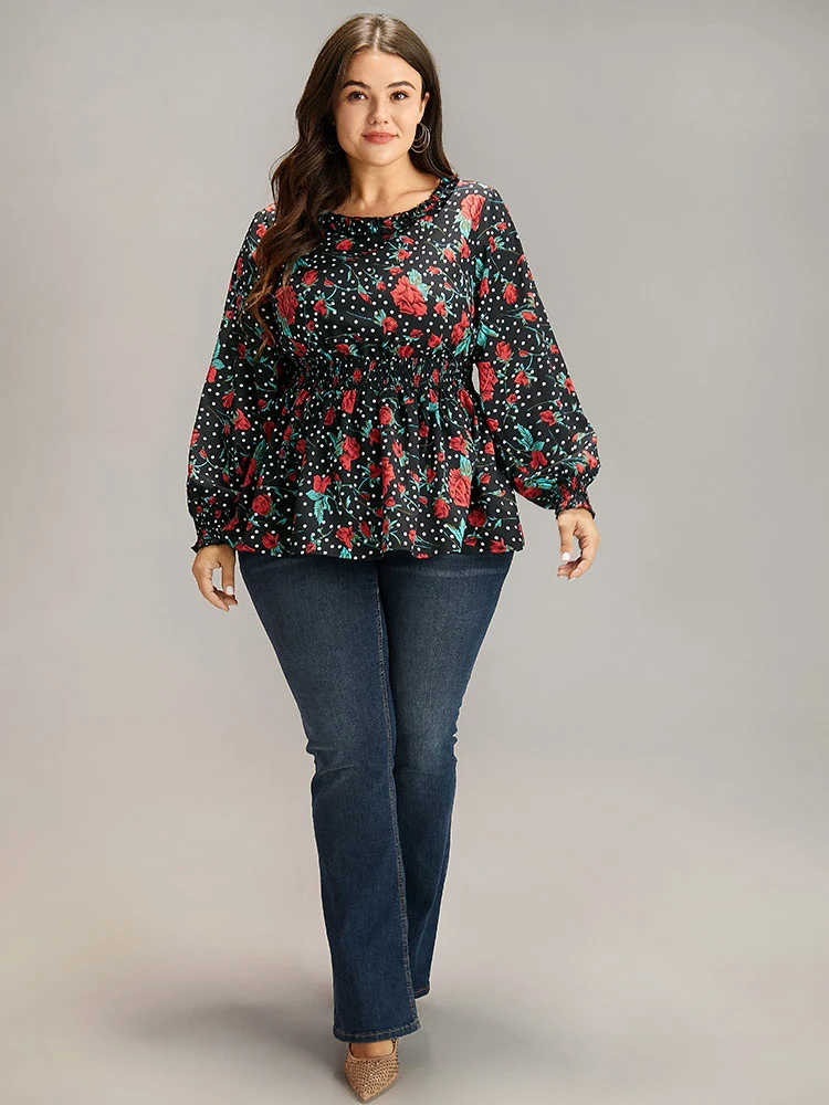Rose Print Shirred Frill Trim Lantern Sleeve Blouse
