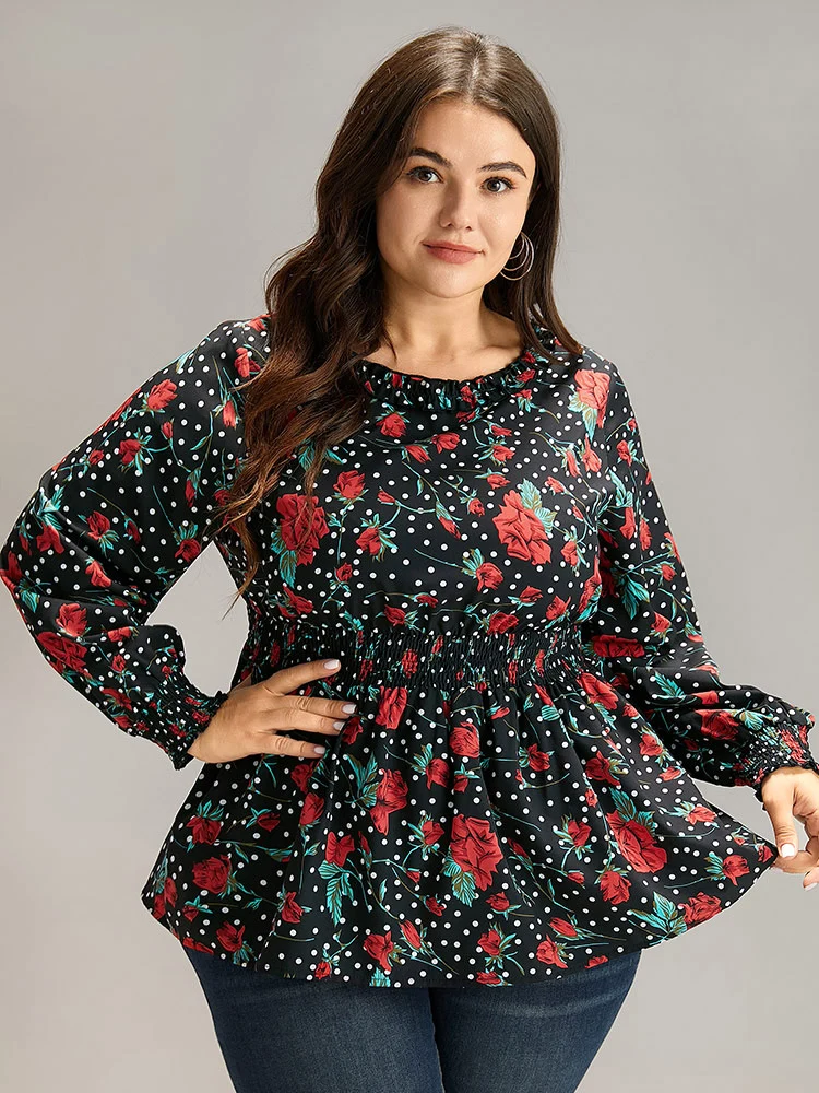 Rose Print Shirred Frill Trim Lantern Sleeve Blouse