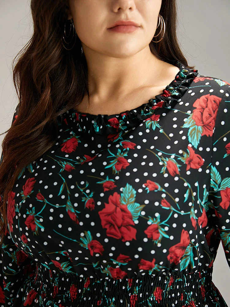 Rose Print Shirred Frill Trim Lantern Sleeve Blouse