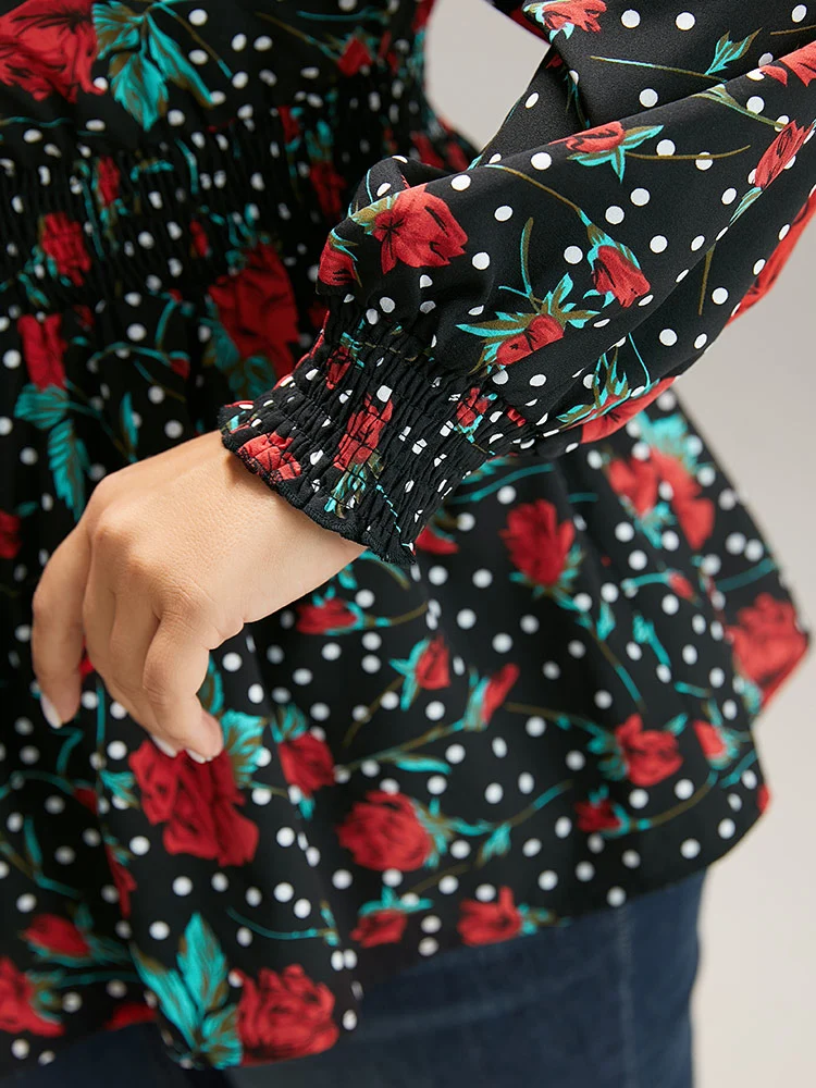 Rose Print Shirred Frill Trim Lantern Sleeve Blouse