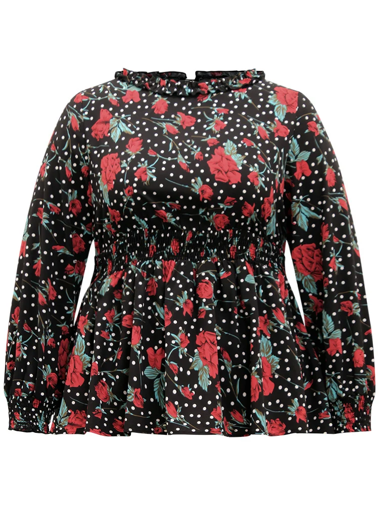 Rose Print Shirred Frill Trim Lantern Sleeve Blouse