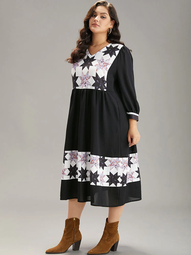 Geometric Colorblock Pocket Gathered Dress