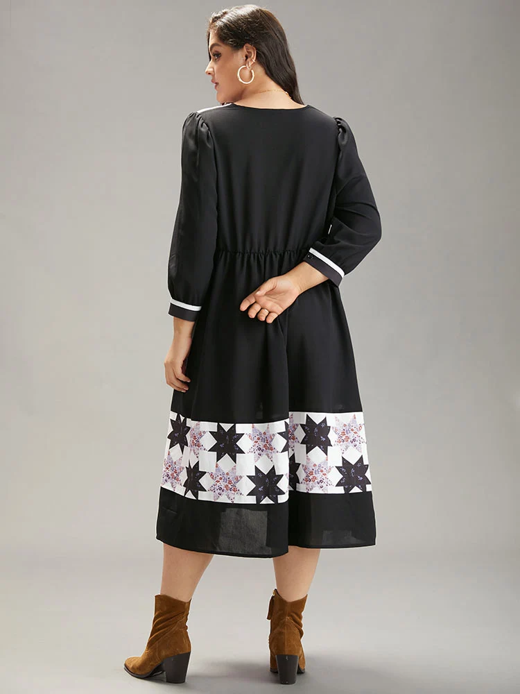 Geometric Colorblock Pocket Gathered Dress